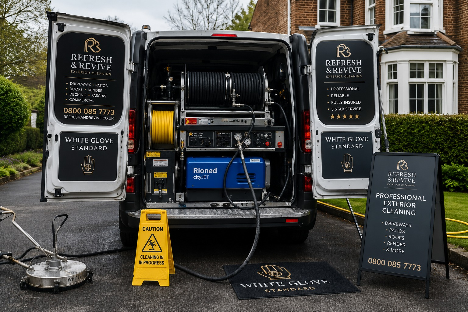 Refresh & Revive branded van with van-mounted Rioned cityJET hot-water pressure washing system
