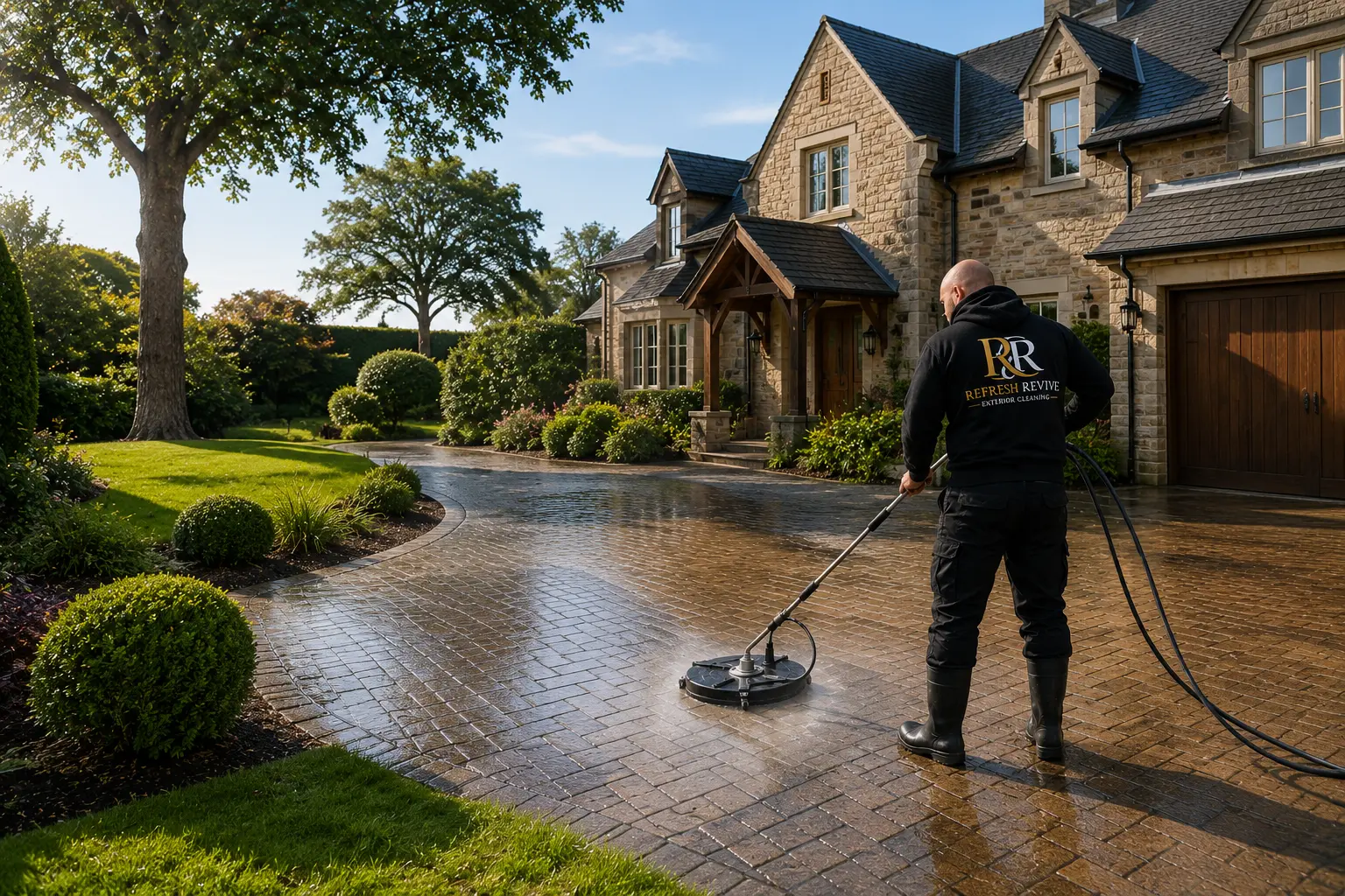 Freshly pressure washed block paving driveway after professional cleaning