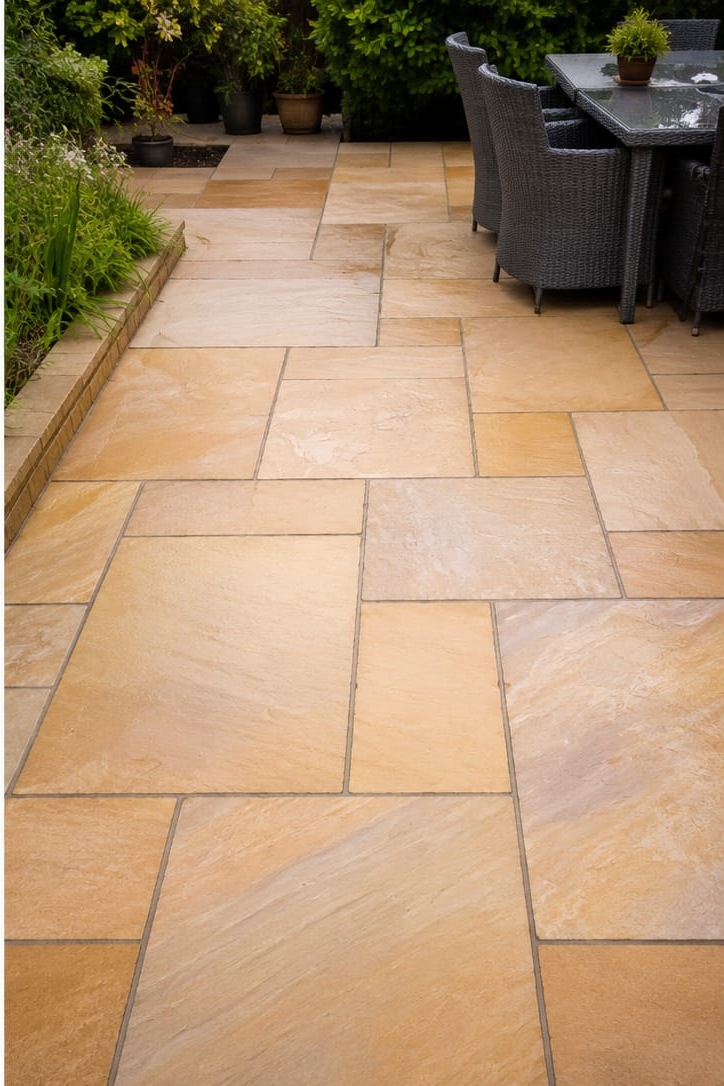 The same sandstone paving cleaned back to an even natural tan tone