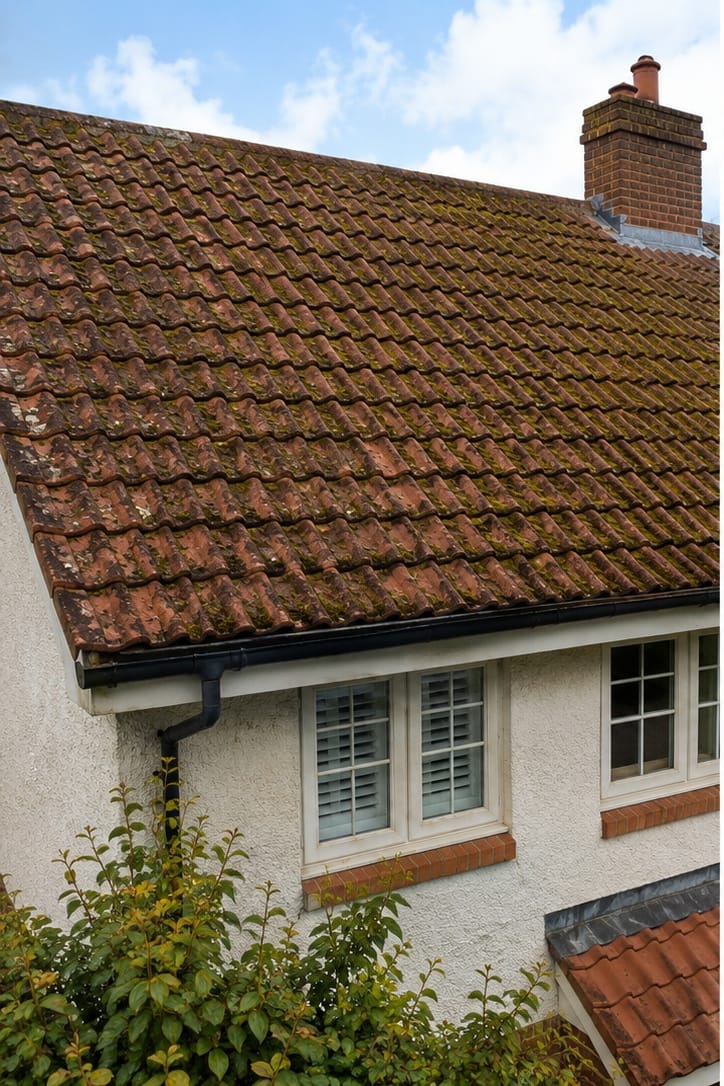 Pitched tiled roof heavily colonised with moss and lichen before cleaning