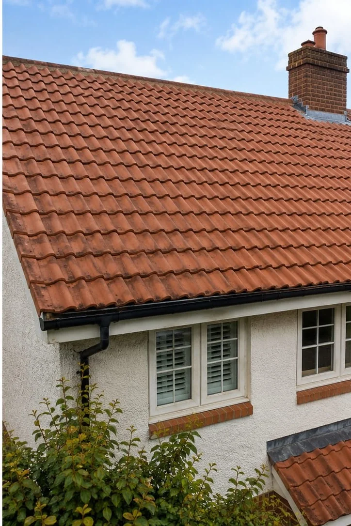Pitched tiled roof cleared of moss after careful removal and treatment