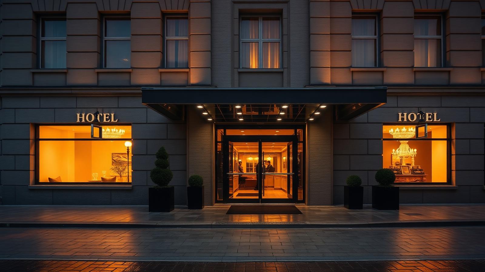 Elegant boutique hotel entrance at dusk with clean paved walkway and warm lighting