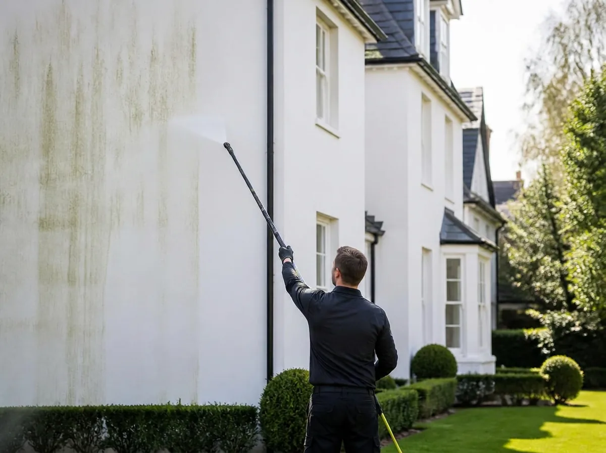 Technician soft washing algae from a white rendered house wall